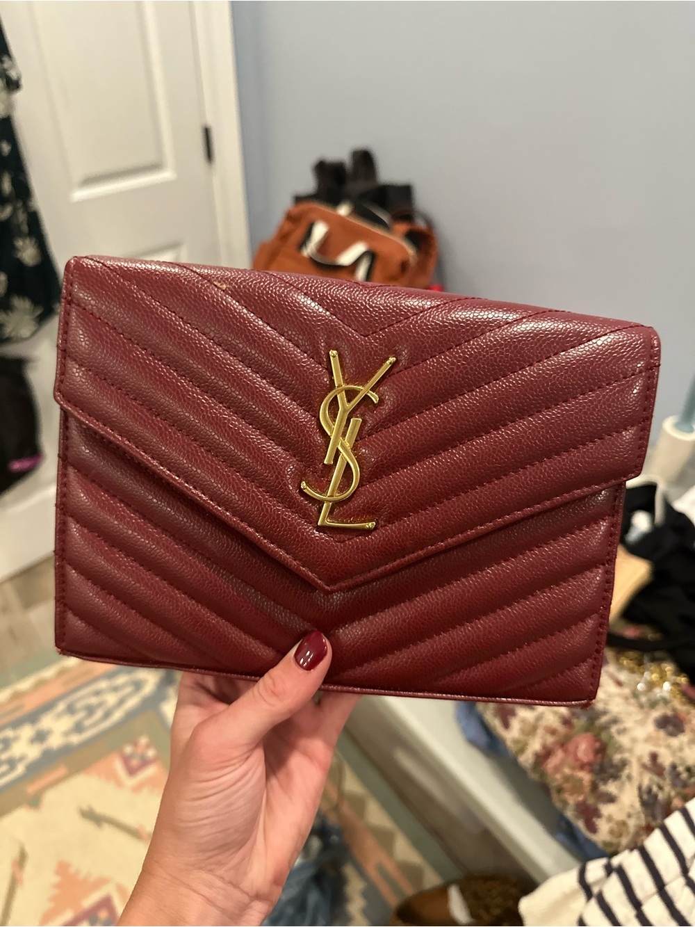 Yves Saint Laurent Burgundy Quilted Envelope Clutch with Gold YSL Logo